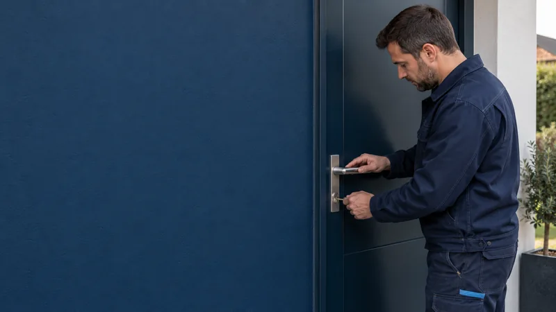Un professionnel vérifie une clé et la fermeture d’une porte bleu nuit.