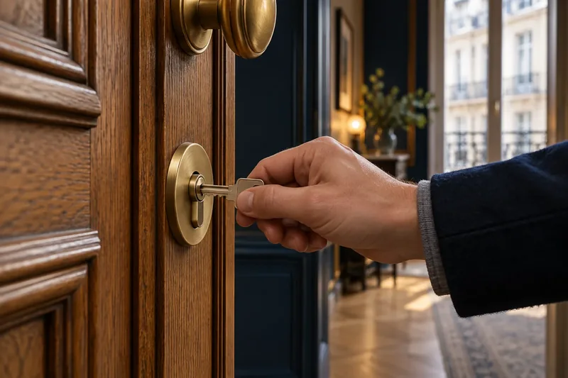 Une main utilise une clé dans le cylindre en laiton d’une porte en bois.