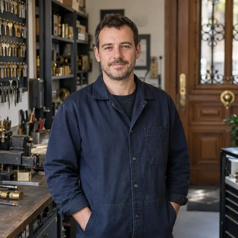 Portrait d’illustration d’un professionnel de serrurerie, devant un établi et des clés.