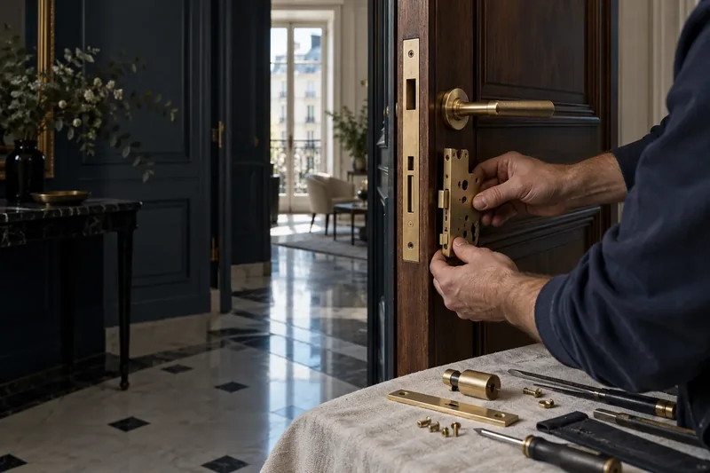 Des mains travaillent sur une serrure en laiton montée dans une porte en bois.