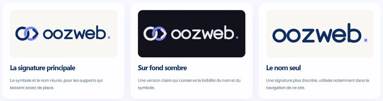 Trois déclinaisons OOZWEB : signature complète sur fond clair, version claire sur fond sombre et nom seul avec point violet.