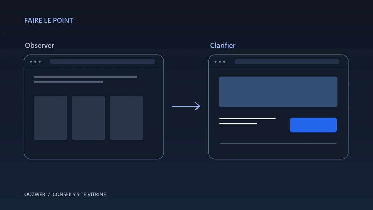 Comparaison illustrée de deux mises en page de site, avant et après clarification des contenus.