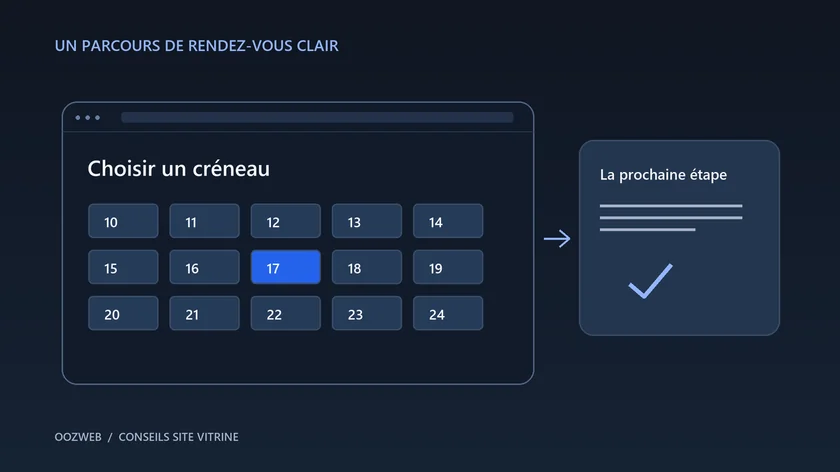 Illustration d'un calendrier de rendez-vous présentant des créneaux et une confirmation, dans les couleurs sombres et bleues d'OOZWEB.