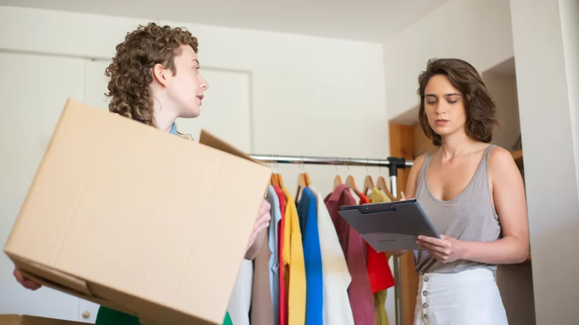 Deux femmes préparent des vêtements et un carton, avec un portant et un bloc-notes.