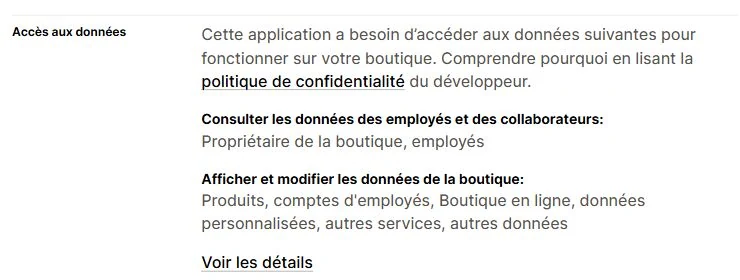 Rubrique Accès aux données détaillant les données de collaborateurs et de boutique demandées par Search et Discovery.