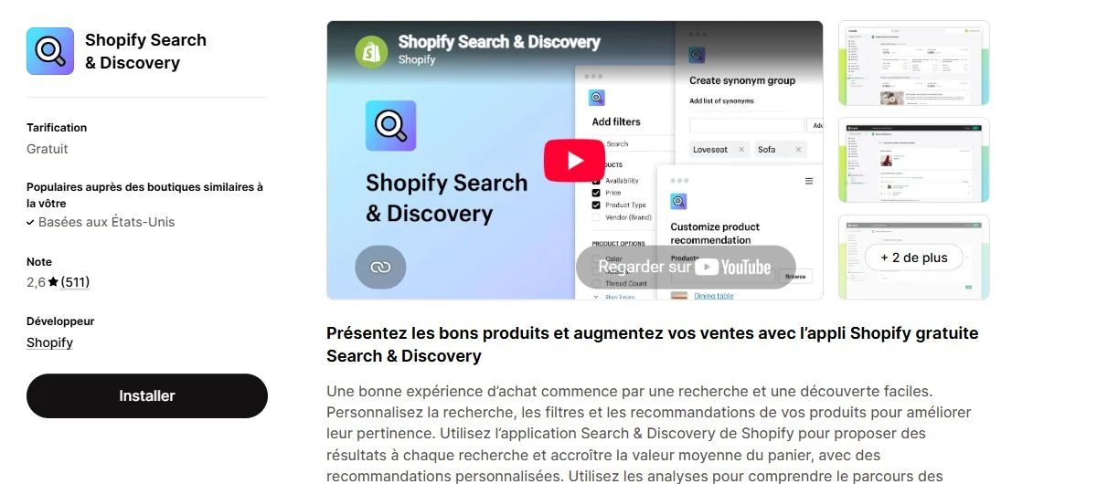 Fiche Shopify Search et Discovery indiquant le développeur Shopify, la tarification et le bouton Installer.
