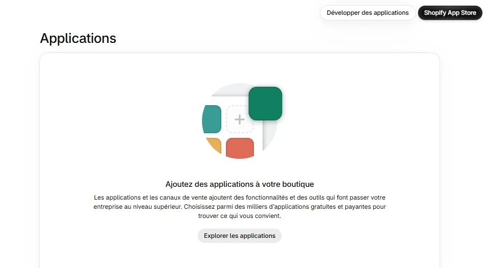 Écran Applications des paramètres Shopify avec les liens Shopify App Store et Explorer les applications.
