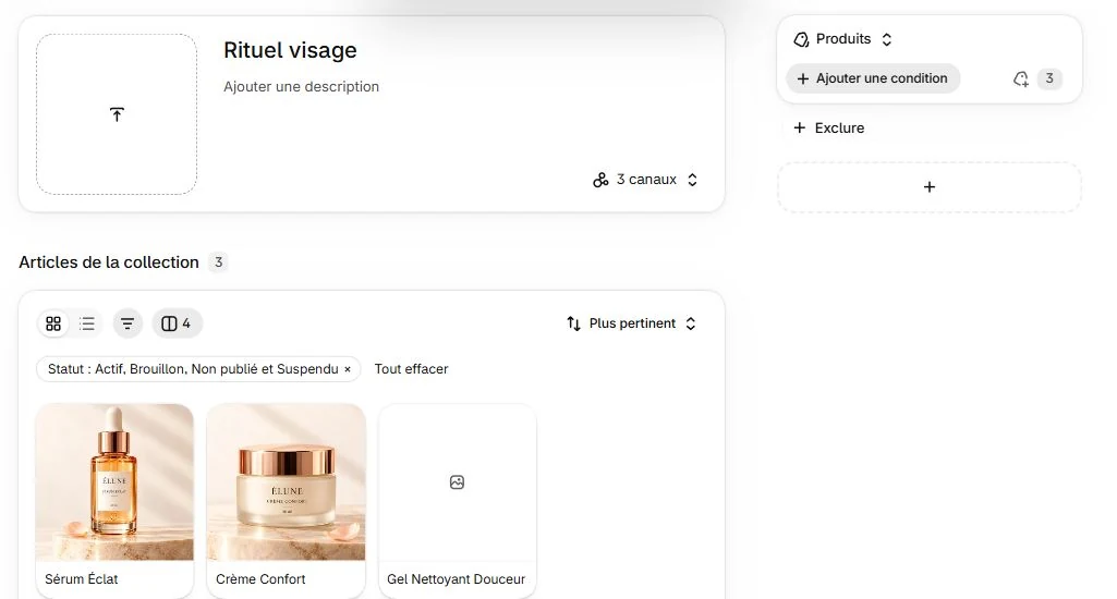 Collection Rituel visage affichant trois produits inclus manuellement et un compteur de trois articles.