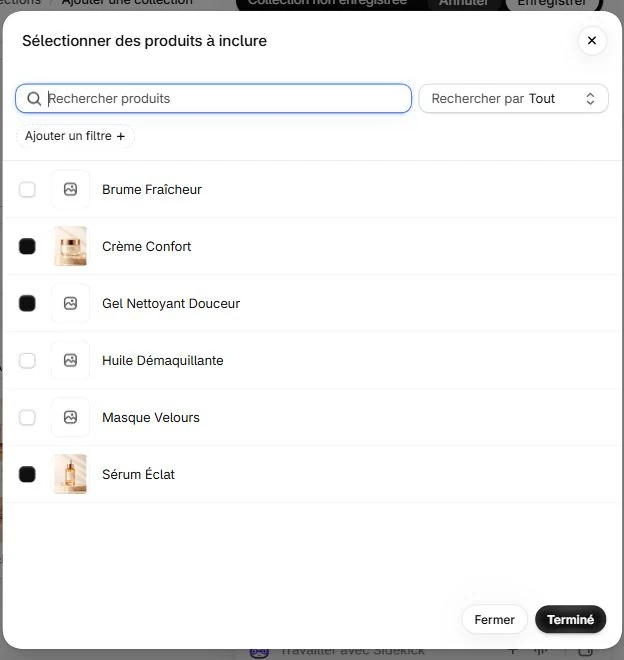 Fenêtre Shopify de sélection des produits avec Crème Confort, Gel Nettoyant Douceur et Sérum Éclat cochés.