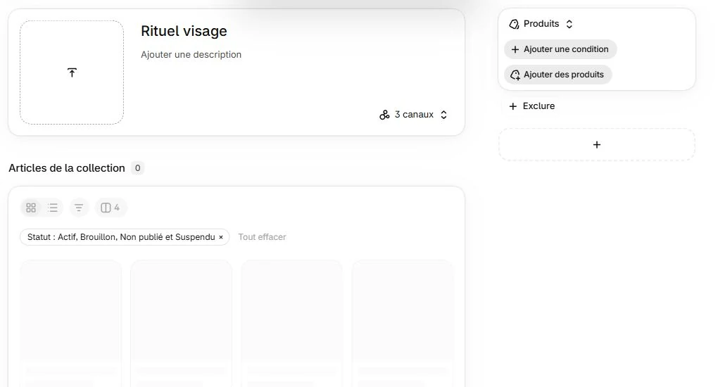 Collection Rituel visage en préparation, avec la source Produits et la commande Ajouter des produits.