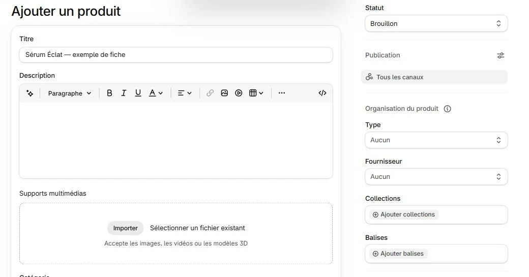 Formulaire Shopify avec le titre d’exemple et le statut Brouillon sélectionné.