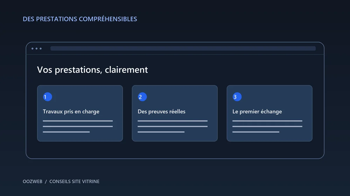 Illustration d’une page de services avec trois repères : travaux pris en charge, preuves réelles et premier échange.