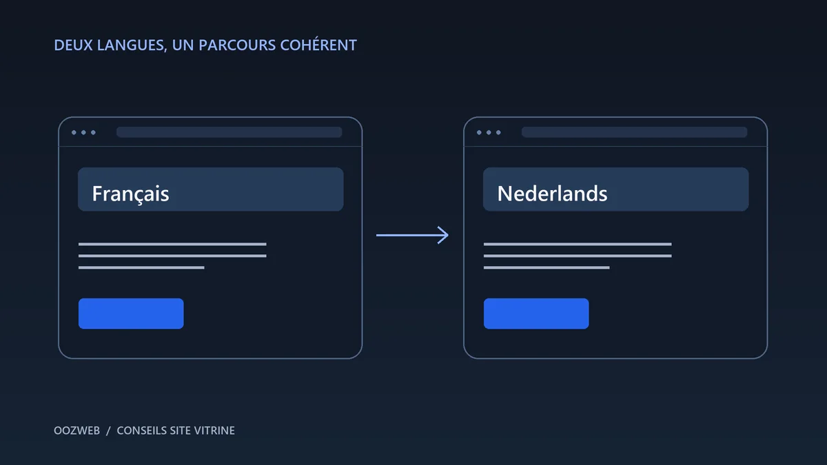 Illustration de deux pages de site vitrine, en français et en néerlandais, reliées par un choix de langue dans la palette bleue d'OOZWEB.