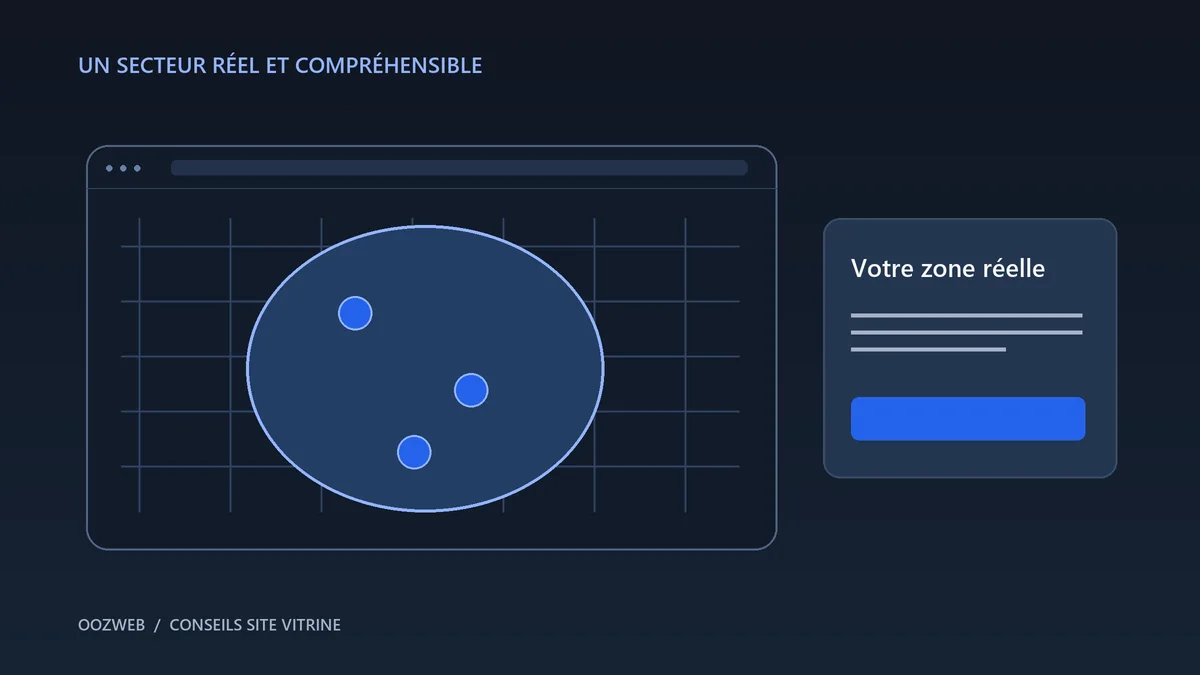 Illustration d’une carte quadrillée avec une zone bleue délimitée et trois repères de localisation.