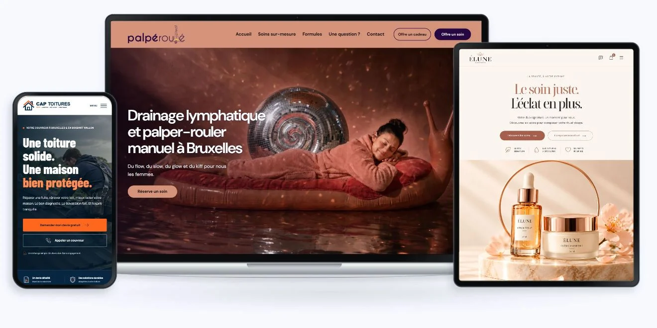 Aperçus de sites : Palpéroulé sur ordinateur ; la boutique e-commerce ÉLUNE sur tablette ; CAP TOITURES, artisan couvreur, sur le smartphone à gauche.